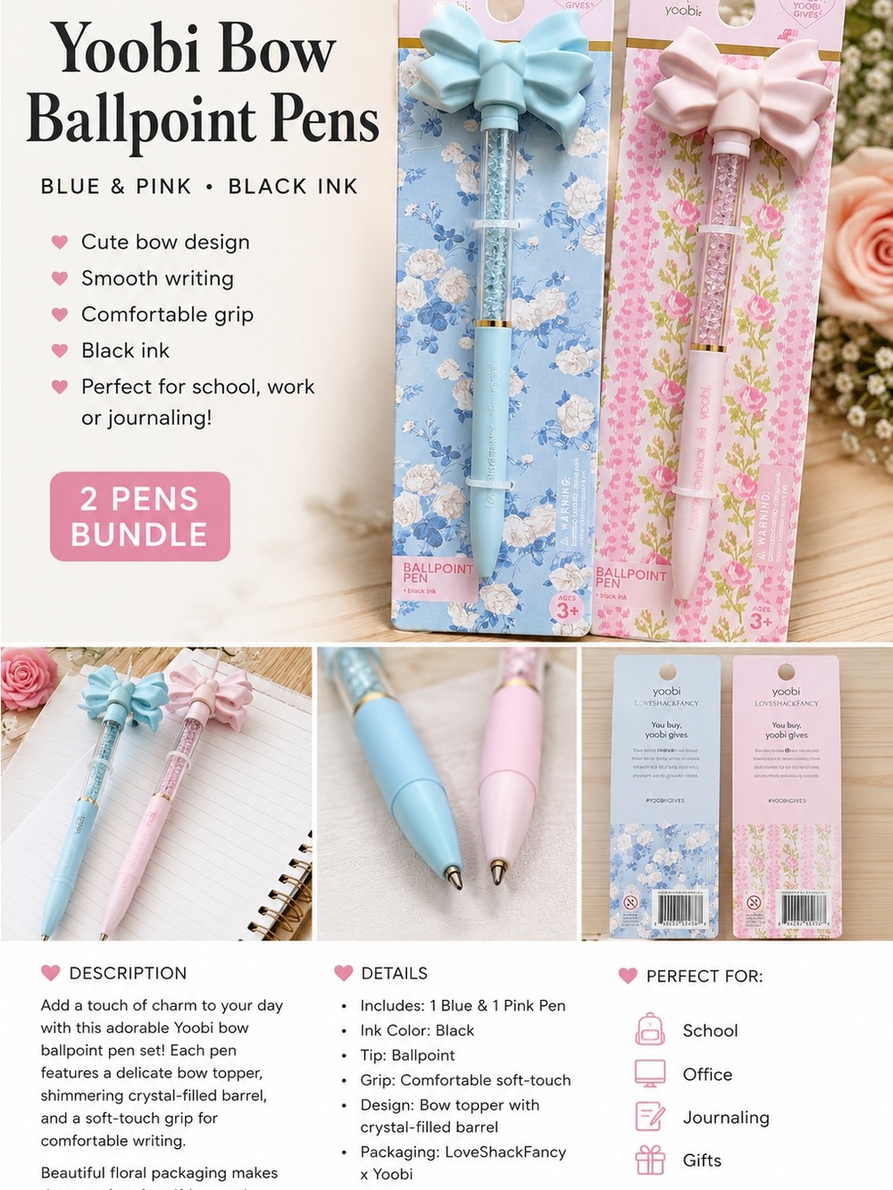 LoveShackFancy x Yoobi Bow Ballpoint Pen Set Pink & Blue NWT - SOLD OUT